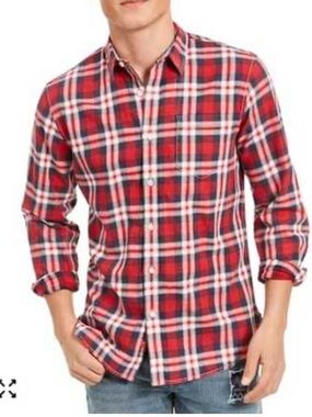 Men's Red Blue Plaid Button-Up Shirt Sz S Classic Western Workwear Casualu